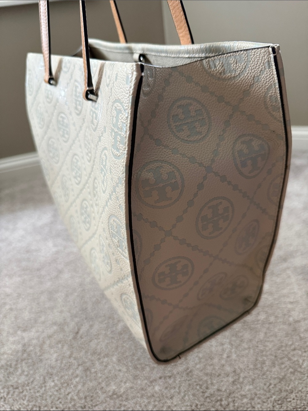 Tory Burch Light cream Logo-Print Tote with Tan Handles - Picture 4 of 14